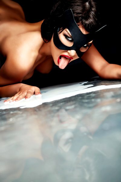 industrial, cat woman, mask, milk, licking, lapping, fetish,
